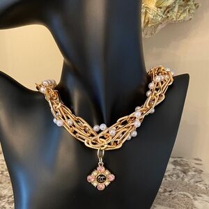 Chanel Pink Crystal Charm AndGold Chain Pearl Necklace